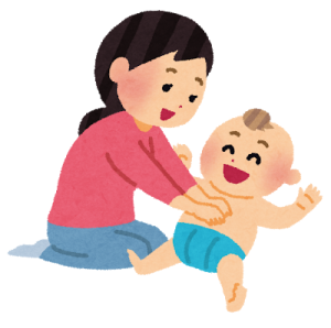 女性が笑顔の赤ちゃんの胸に両手を置いて微笑んでいるイラスト