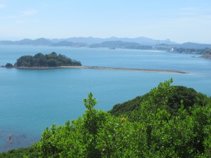 高台から見た瀬戸内海と緑の木々が生い茂る島々の写真