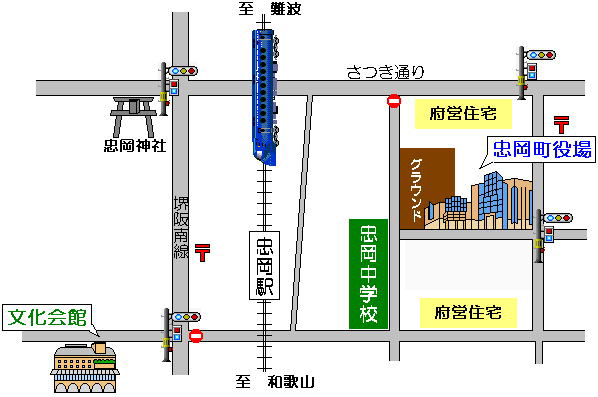 忠岡駅を中心に電車や信号機、建物や鳥居のイラストが描かれている忠岡町の簡易地図