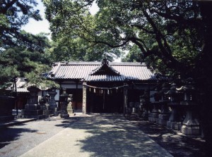 木々が生い茂る参道の先に忠岡神社の正面がうつる写真