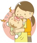 お母さんに抱き抱えられた乳幼児が大きな声で泣きわめく様子と黄色エプロンをかけたお母さんが困っている様子のイラスト