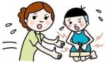 子どもがお腹を押さえて痛がっていて、お母さんが大変そうに慌てて子どもの様子を確認しているイラスト