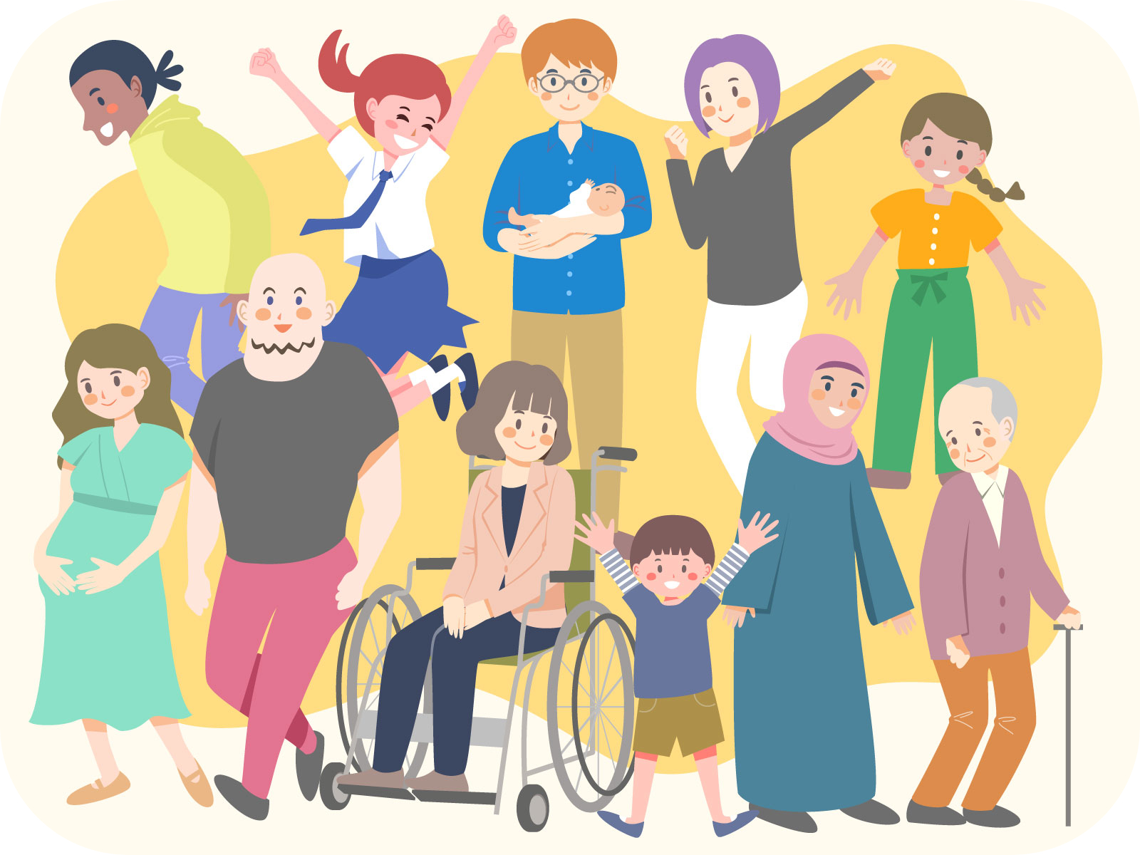 杖をついた高齢者、子ども、民族衣装を着た若者、妊婦、赤ちゃんを抱く男性、車椅子を利用する大人など、さまざまな人種や年代の12人が明るい雰囲気の笑顔で集まっているイラスト