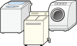 縦型、2層式、ドラム式の3種の洗濯機が並んでいる様子のイラスト