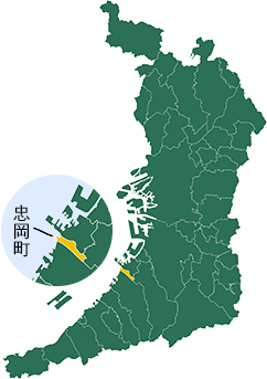 大阪府忠岡町の地図。忠岡町は大阪府の泉北地域に位置する町である。忠岡町が黄色で塗りつぶされている。